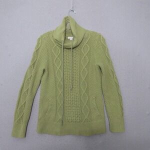 LL Bean Signature Sweater XS Green Funnel Neck Fisherman‎ Cable Knit Heritage